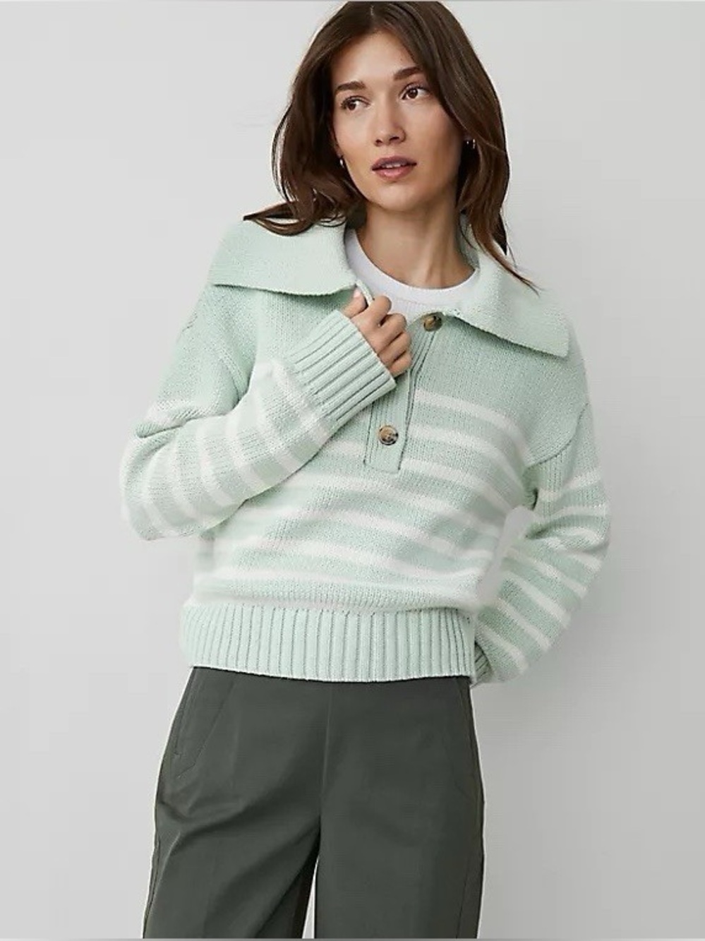 Ann Taylor Weekend Sweater Striped Sailor Herbal Green Chunky Office Cozy